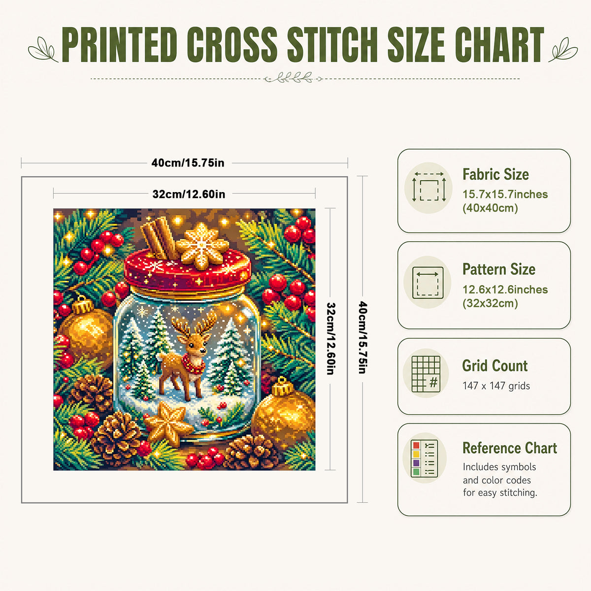 Christmas Elk Wish Jar - Full 11CT Stamped Cross Stitch 40x40CM - Yishu