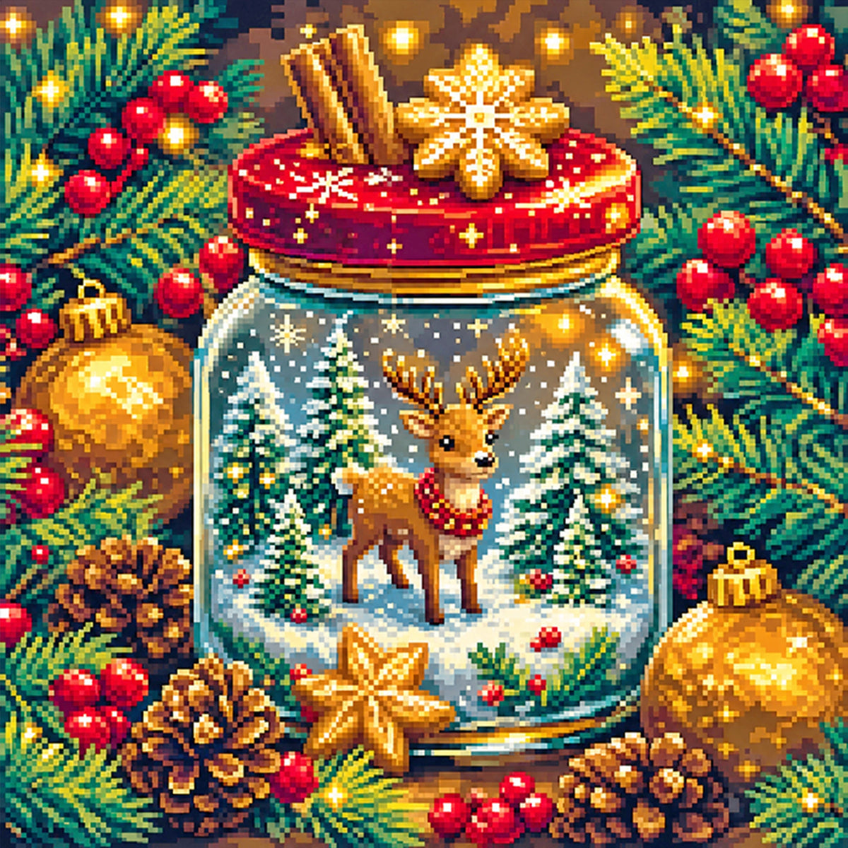 Christmas Elk Wish Jar - Full 11CT Stamped Cross Stitch 40x40CM - Yishu