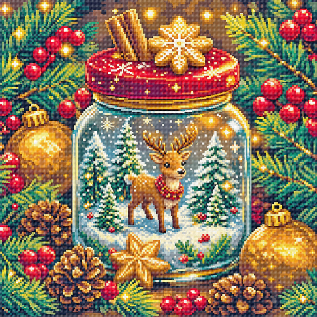 Christmas Elk Wish Jar - Full 11CT Stamped Cross Stitch 40x40CM - Yishu