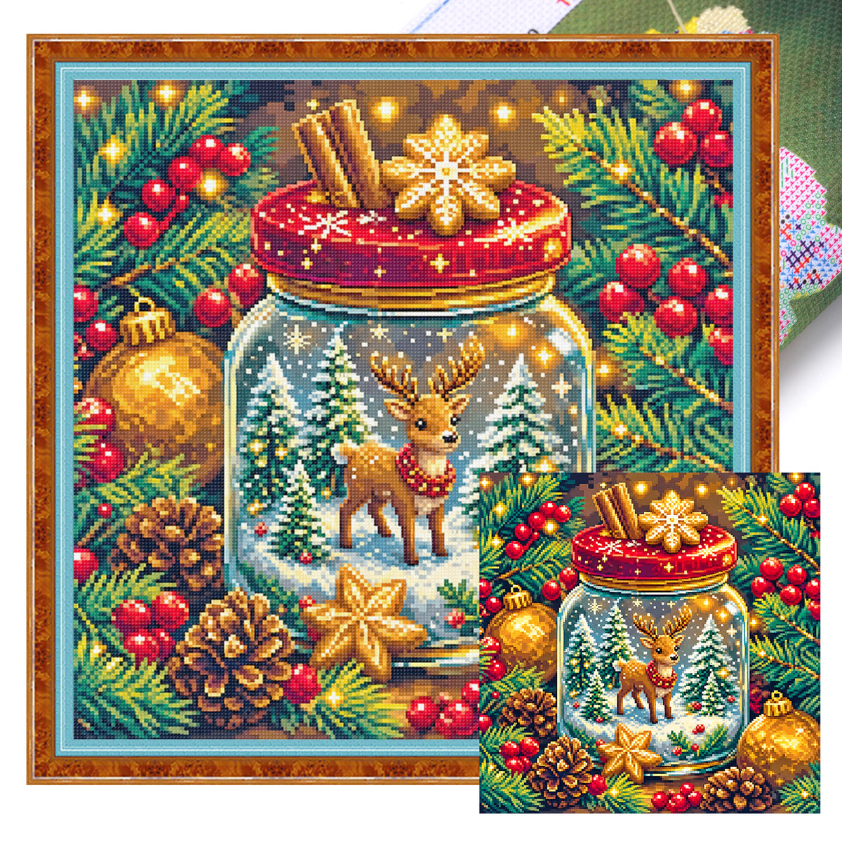 Christmas Elk Wish Jar - Full 11CT Stamped Cross Stitch 40x40CM - Yishu