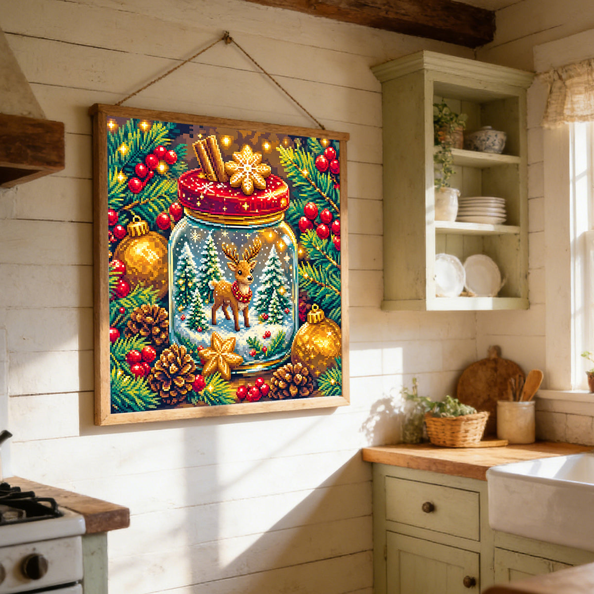Christmas Elk Wish Jar - Full 11CT Stamped Cross Stitch 40x40CM - Yishu