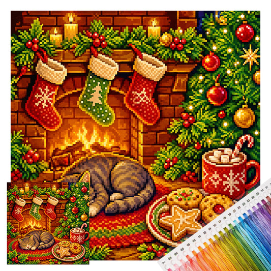 Warme Winterkatze am Kamin – Vollständiges 11CT Stempel-Kreuzstich-Set 40x40 cm – Yishu
