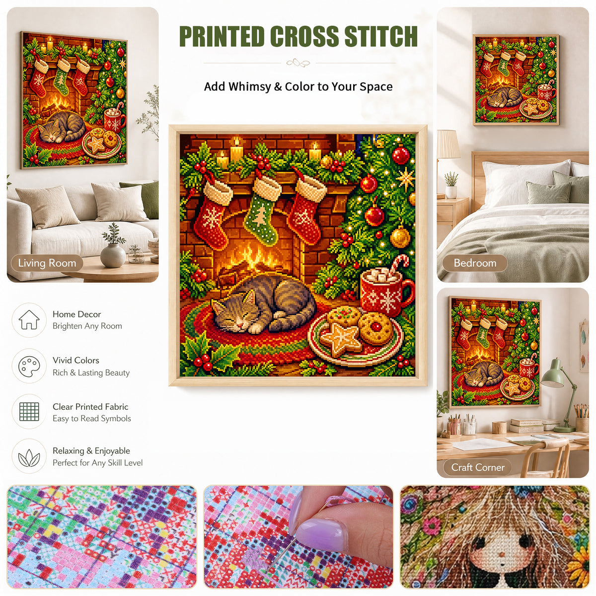 Warme Winterkatze am Kamin – Vollständiges 11CT Stempel-Kreuzstich-Set 40x40 cm – Yishu