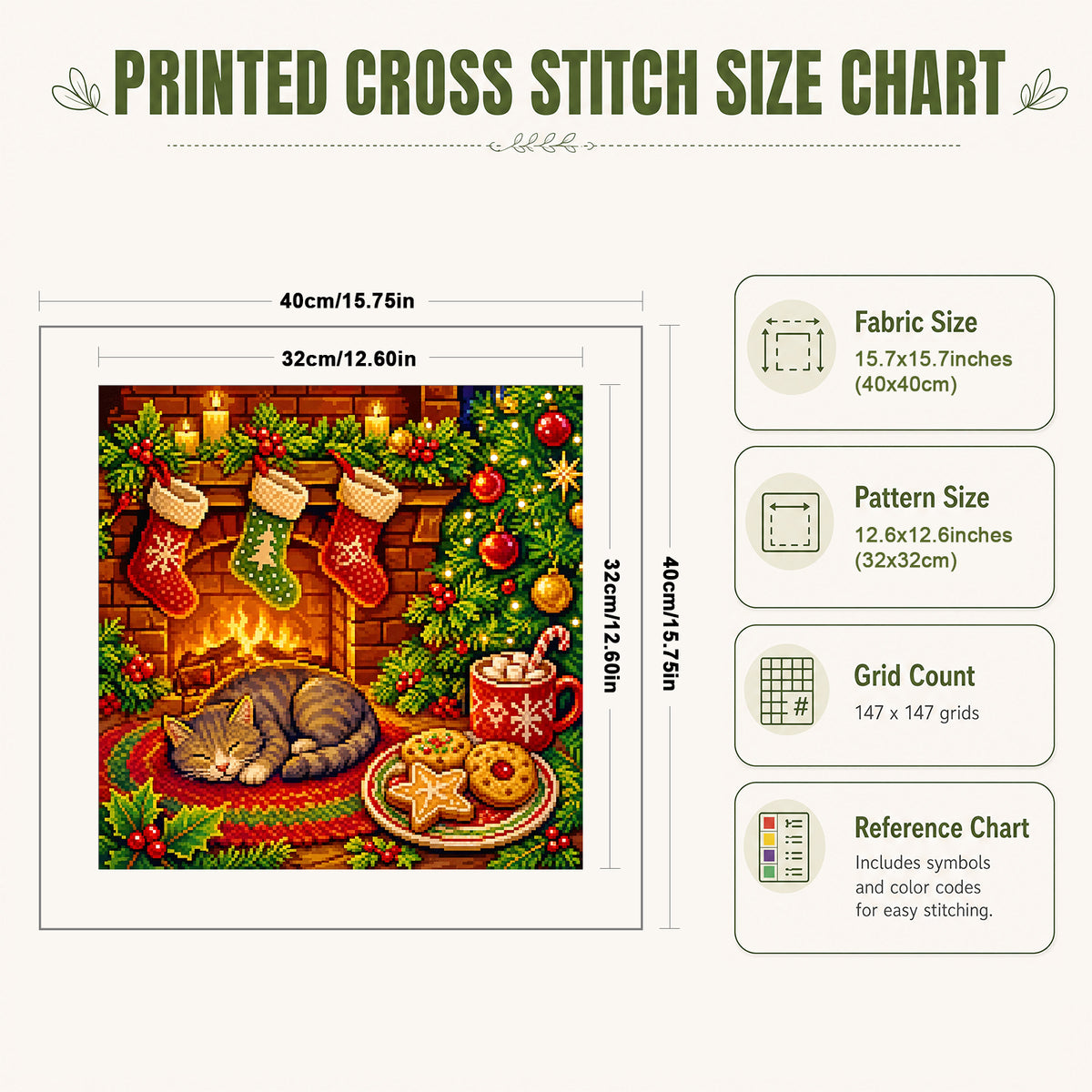 Warme Winterkatze am Kamin – Vollständiges 11CT Stempel-Kreuzstich-Set 40x40 cm – Yishu