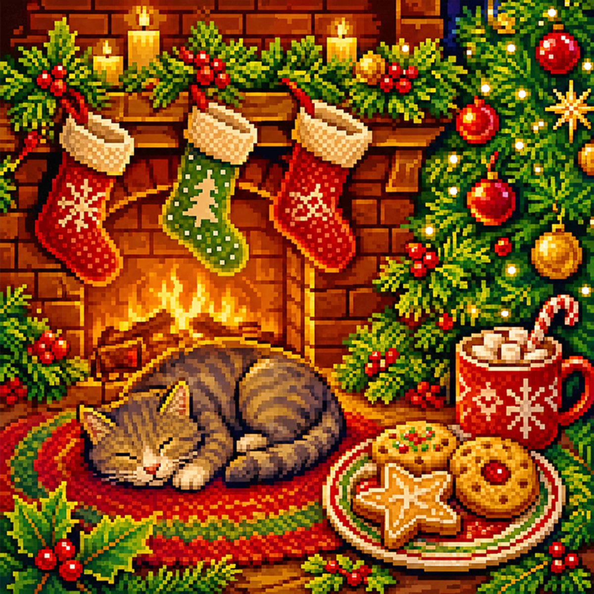 Warme Winterkatze am Kamin – Vollständiges 11CT Stempel-Kreuzstich-Set 40x40 cm – Yishu