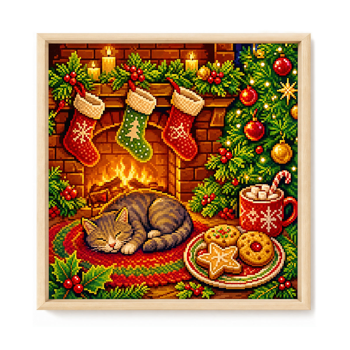 Warme Winterkatze am Kamin – Vollständiges 11CT Stempel-Kreuzstich-Set 40x40 cm – Yishu