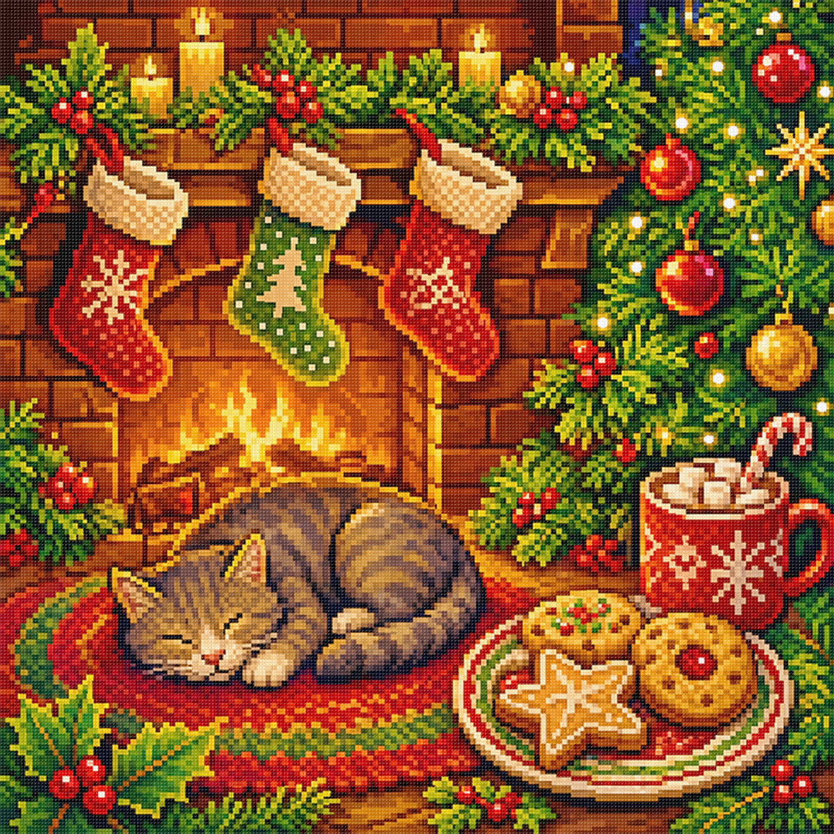 Warme Winterkatze am Kamin – Vollständiges 11CT Stempel-Kreuzstich-Set 40x40 cm – Yishu