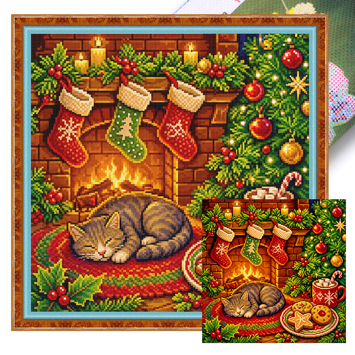 Warme Winterkatze am Kamin – Vollständiges 11CT Stempel-Kreuzstich-Set 40x40 cm – Yishu