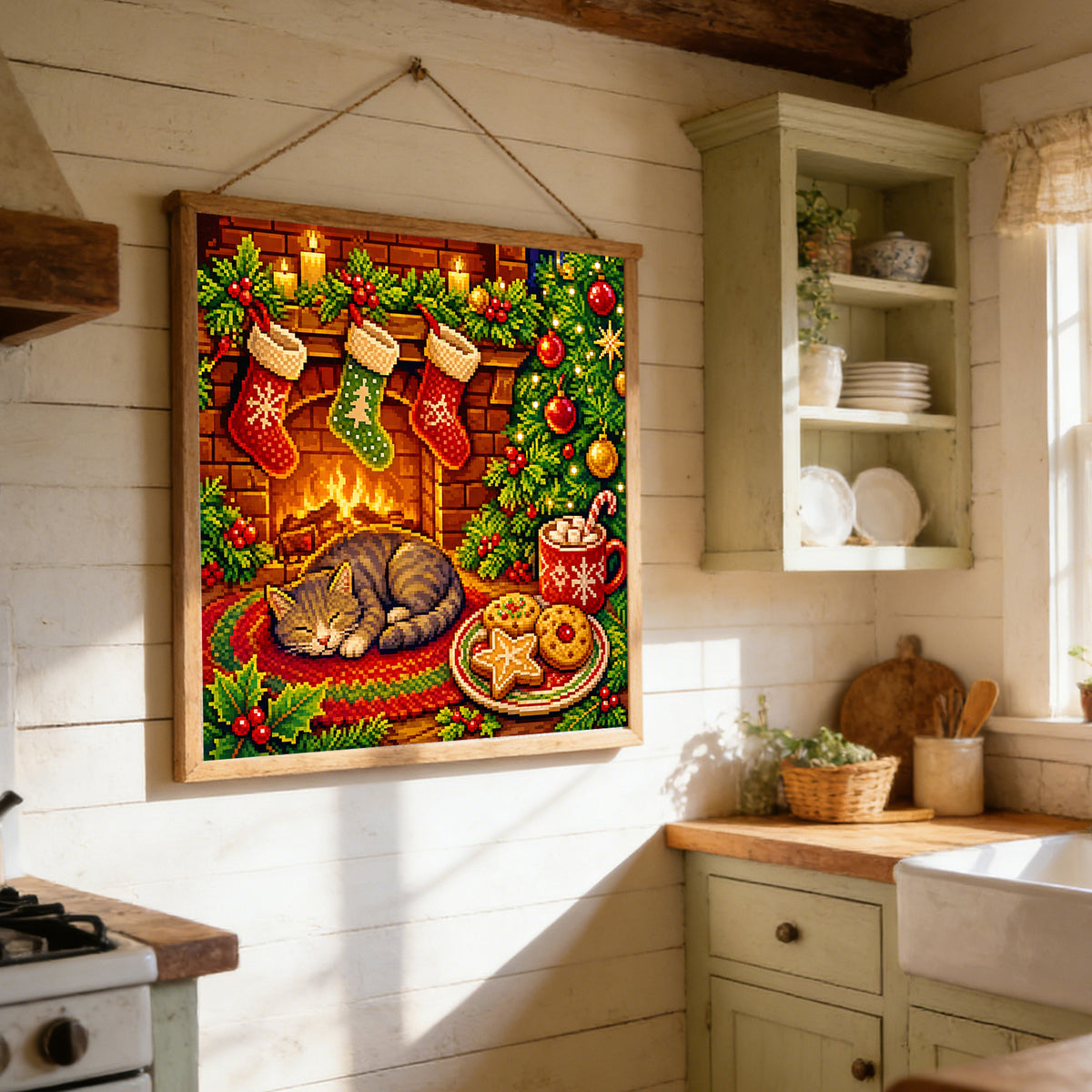 Warme Winterkatze am Kamin – Vollständiges 11CT Stempel-Kreuzstich-Set 40x40 cm – Yishu