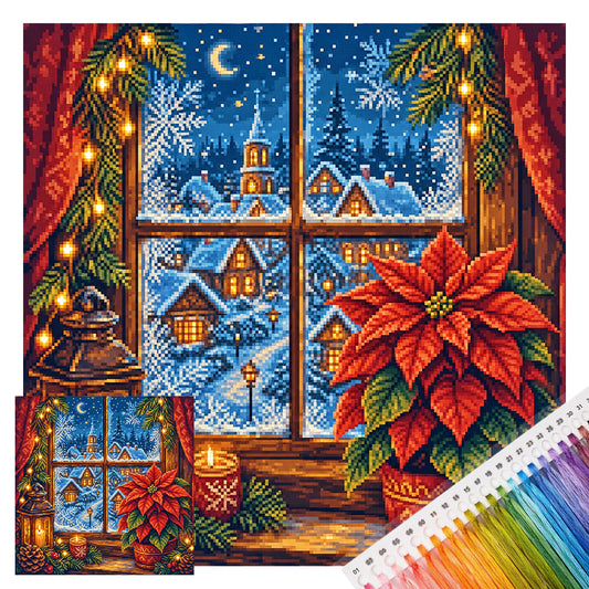 Snowy Night View By Window - Full 11CT Stamped Cross Stitch 40x40CM - Yishu