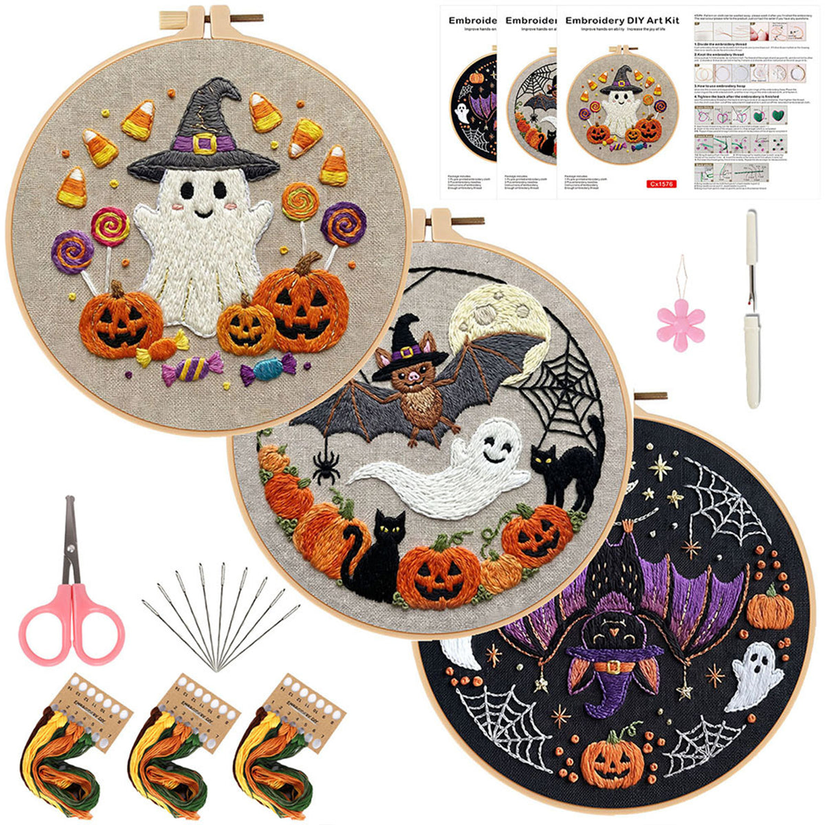 3Pcs Halloween - DIY Embroidery Cross Stitch Kit with Pattern Cotton Threads Needles Hoop 29×29CM/11.42×11.42in