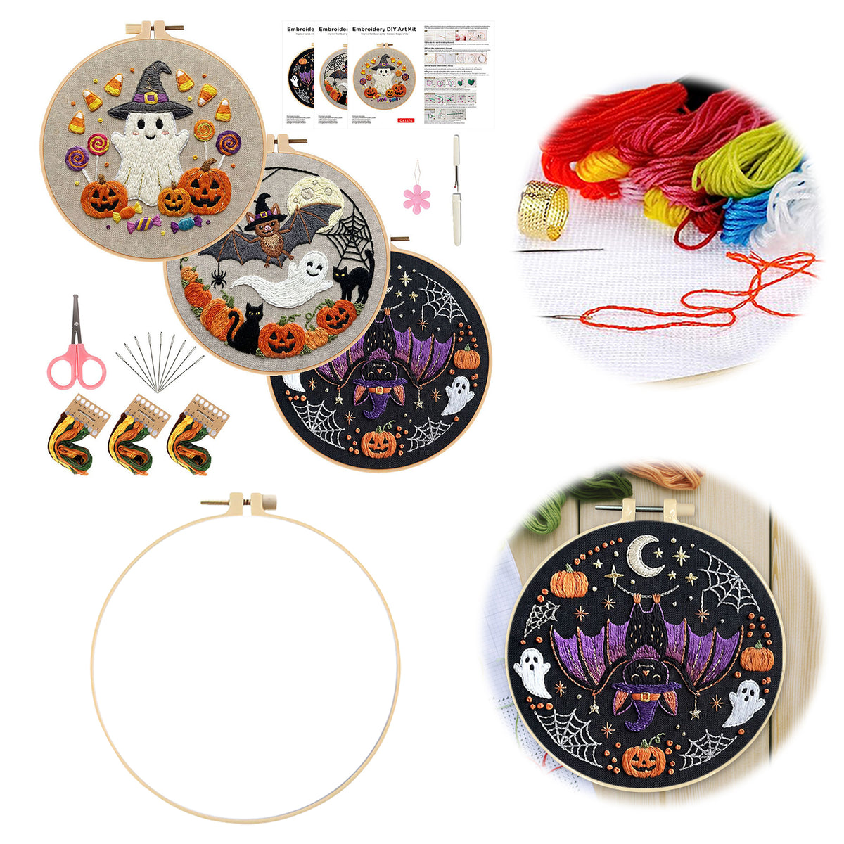 3Pcs Halloween - DIY Embroidery Cross Stitch Kit with Pattern Cotton Threads Needles Hoop 29×29CM/11.42×11.42in