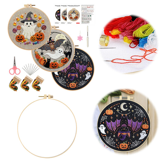 3Pcs Halloween - DIY Embroidery Cross Stitch Kit with Pattern Cotton Threads Needles Hoop 29×29CM/11.42×11.42in