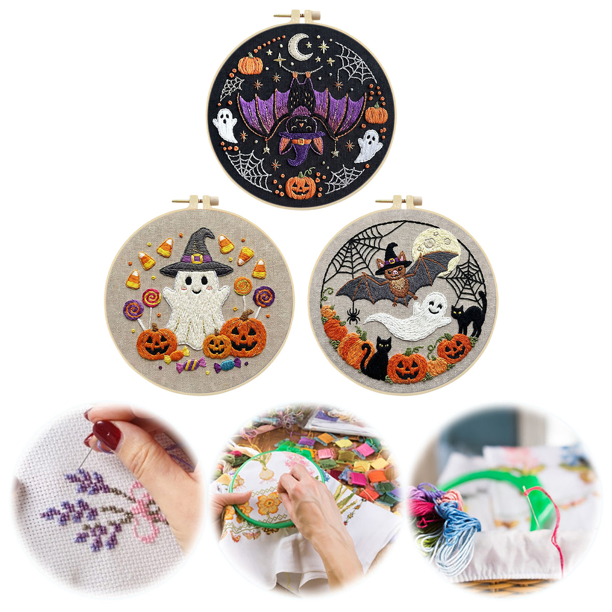 3Pcs Halloween - DIY Embroidery Cross Stitch Kit with Pattern Cotton Threads Needles Hoop 29×29CM/11.42×11.42in