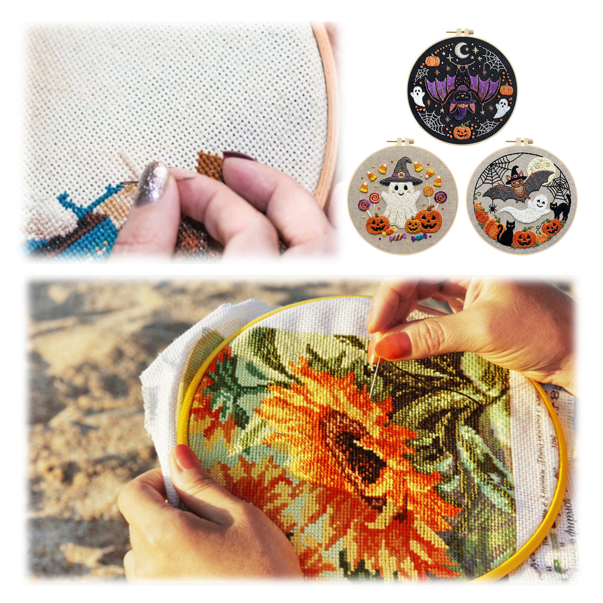 3Pcs Halloween - DIY Embroidery Cross Stitch Kit with Pattern Cotton Threads Needles Hoop 29×29CM/11.42×11.42in