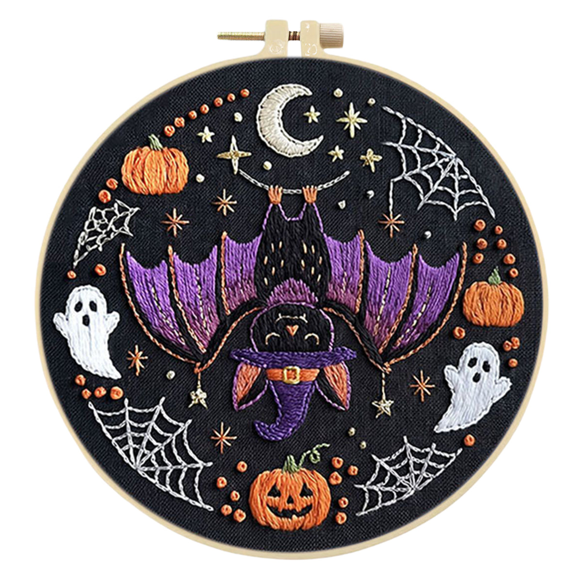 3Pcs Halloween - DIY Embroidery Cross Stitch Kit with Pattern Cotton Threads Needles Hoop 29×29CM/11.42×11.42in