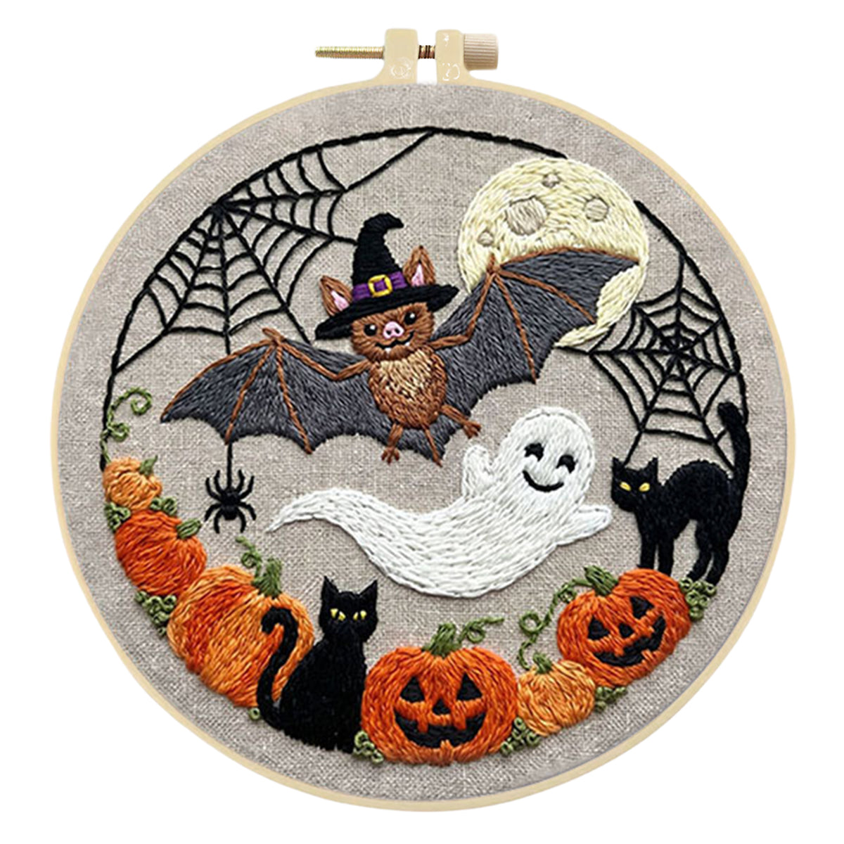 3Pcs Halloween - DIY Embroidery Cross Stitch Kit with Pattern Cotton Threads Needles Hoop 29×29CM/11.42×11.42in