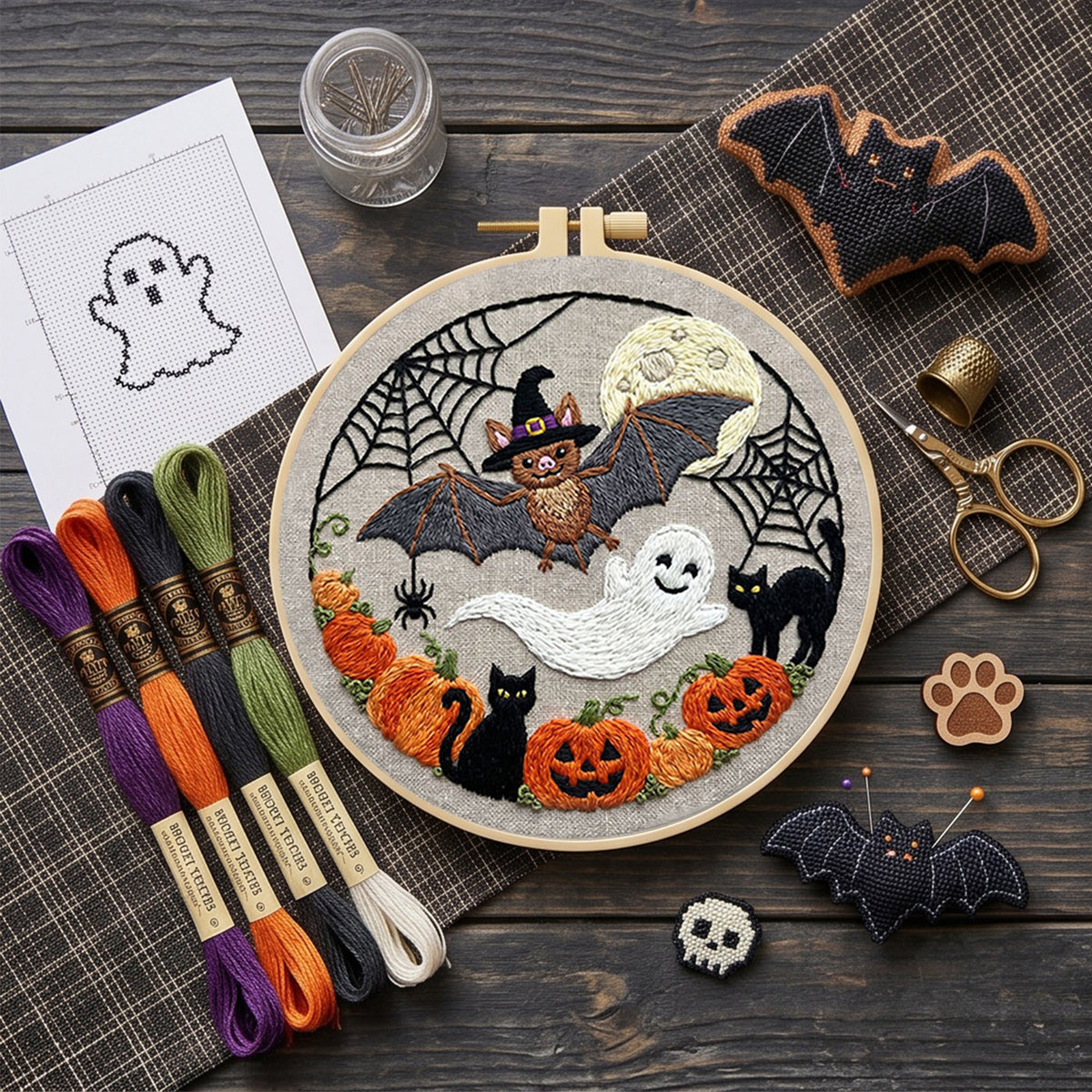 3Pcs Halloween - DIY Embroidery Cross Stitch Kit with Pattern Cotton Threads Needles Hoop 29×29CM/11.42×11.42in