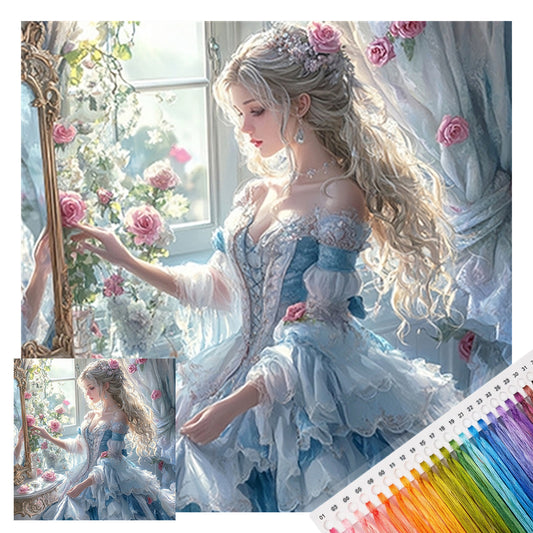 Prinzessin im blauen Kleid am Fenster - Vollständiges 11CT Stempel-Kreuzstichset 45x45CM - Huacan