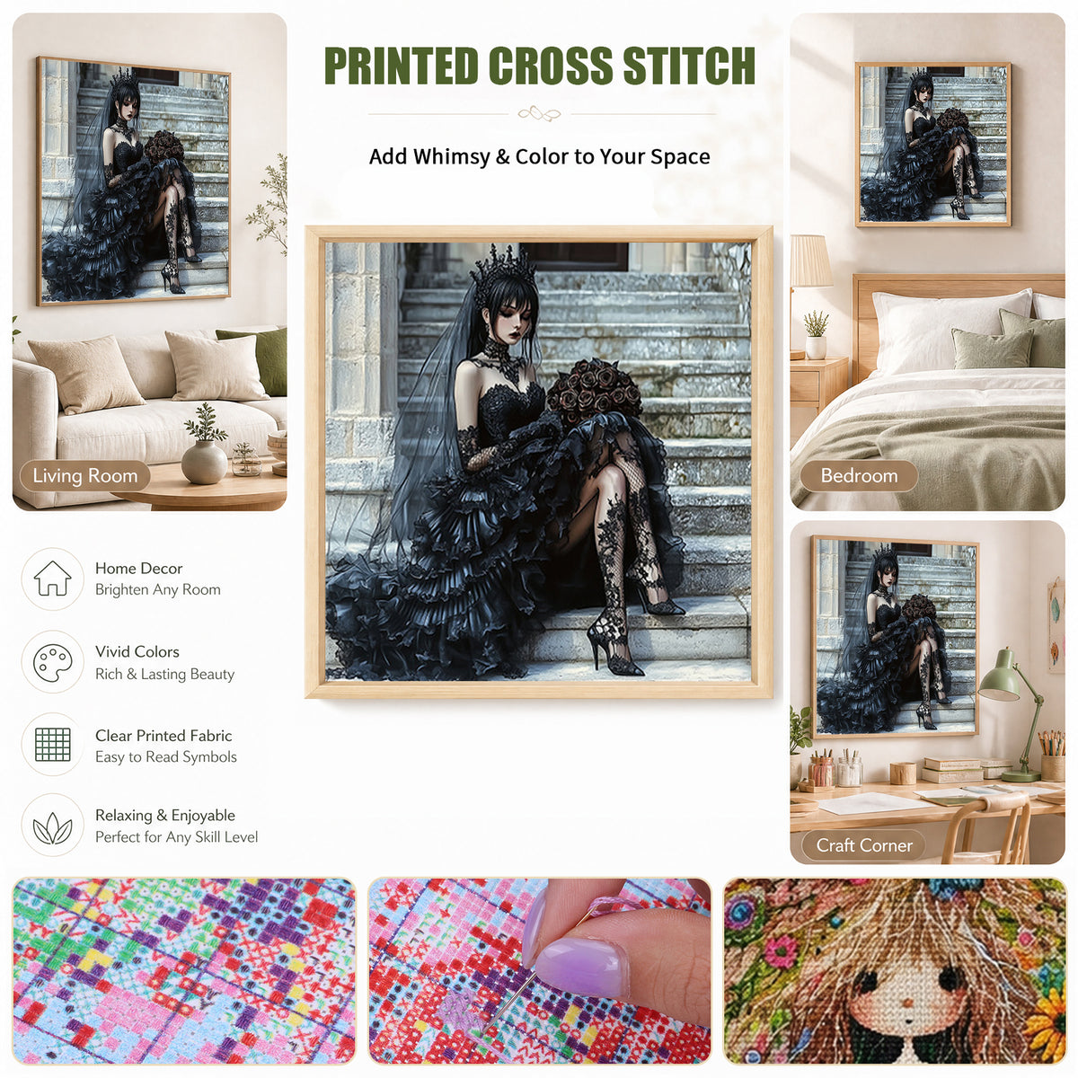 Dark Gothic Queen - Full 11CT Stamped Cross Stitch 45x45CM - Huacan