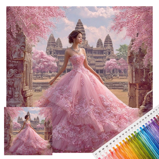 Mädchen im rosafarbenen Sakura-Kleid – Vollständiges 11CT-Stempel-Kreuzstichset 45x45 cm – Huacan