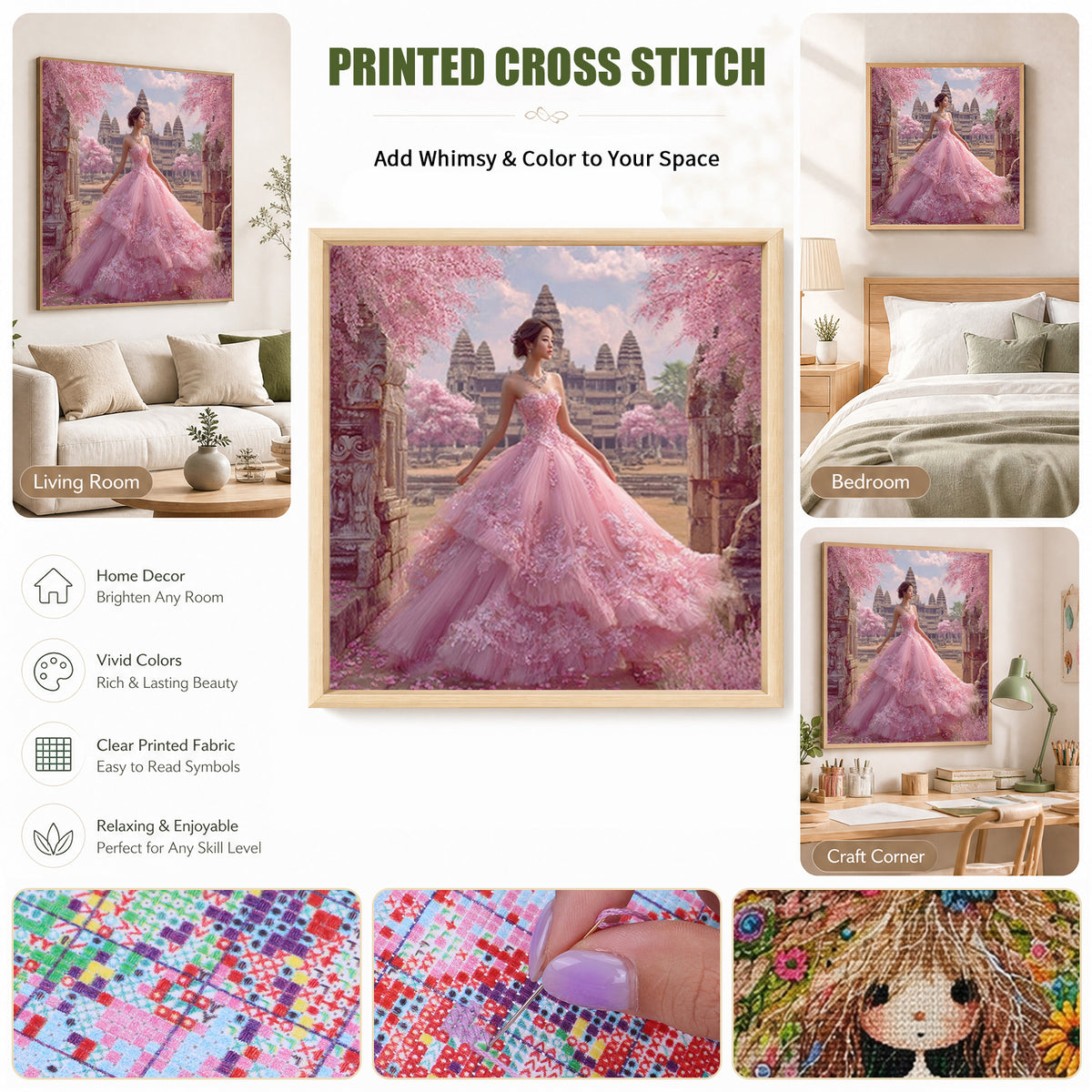 Mädchen im rosafarbenen Sakura-Kleid – Vollständiges 11CT-Stempel-Kreuzstichset 45x45 cm – Huacan