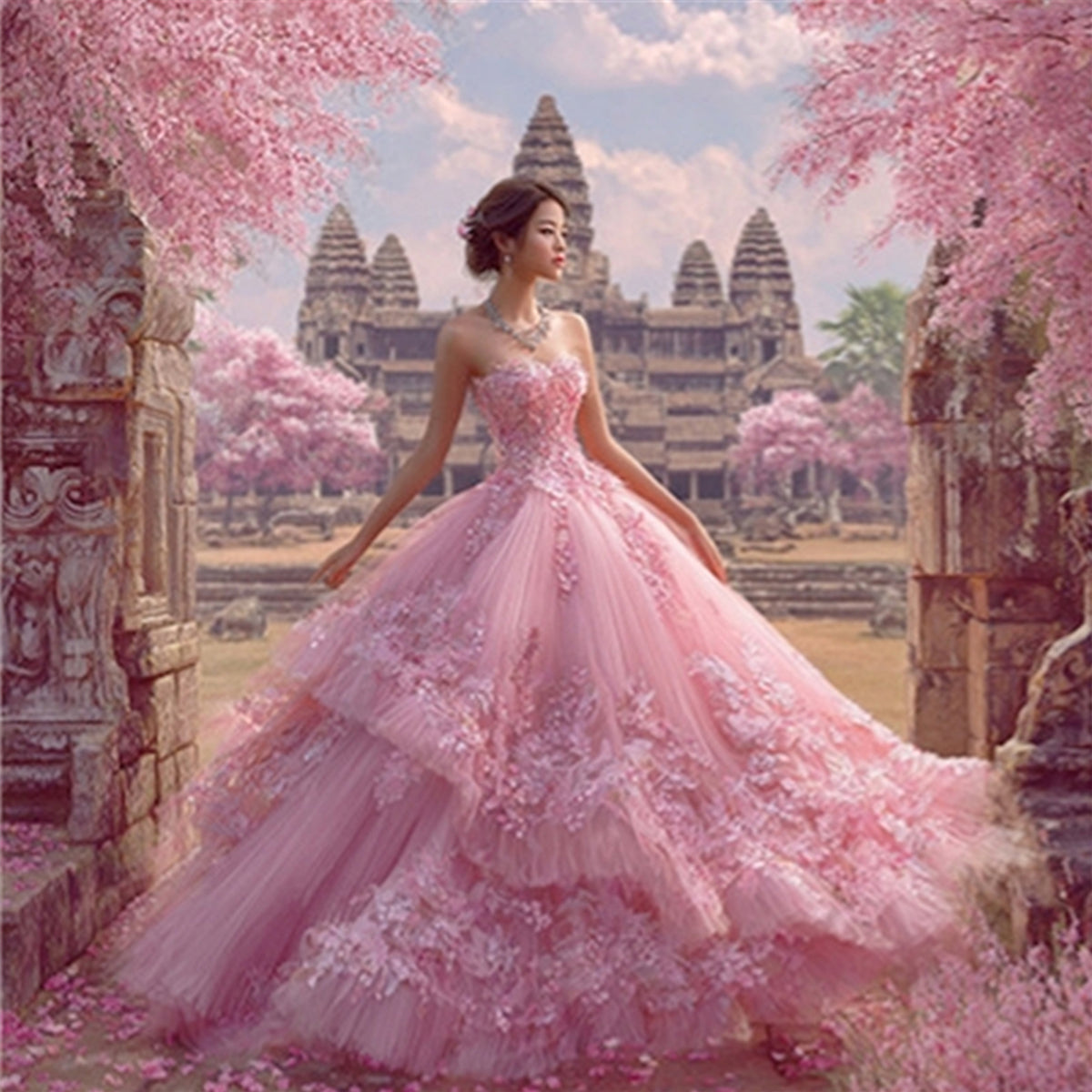 Mädchen im rosafarbenen Sakura-Kleid – Vollständiges 11CT-Stempel-Kreuzstichset 45x45 cm – Huacan