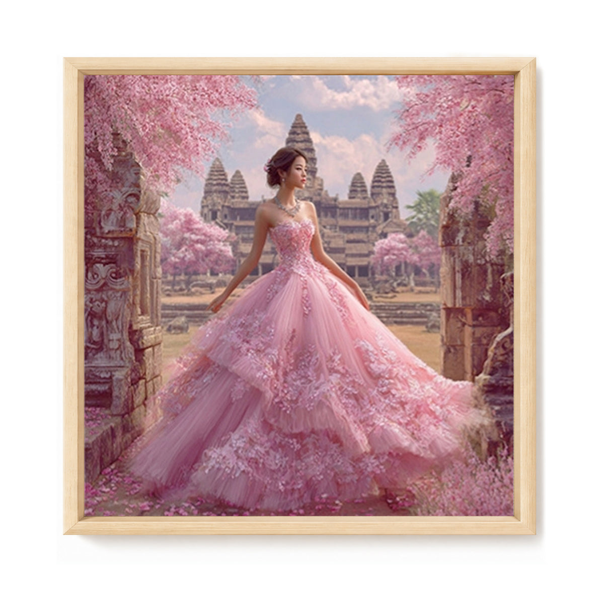Mädchen im rosafarbenen Sakura-Kleid – Vollständiges 11CT-Stempel-Kreuzstichset 45x45 cm – Huacan