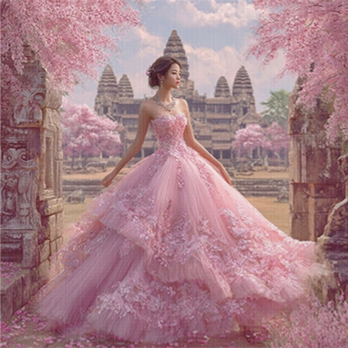 Mädchen im rosafarbenen Sakura-Kleid – Vollständiges 11CT-Stempel-Kreuzstichset 45x45 cm – Huacan