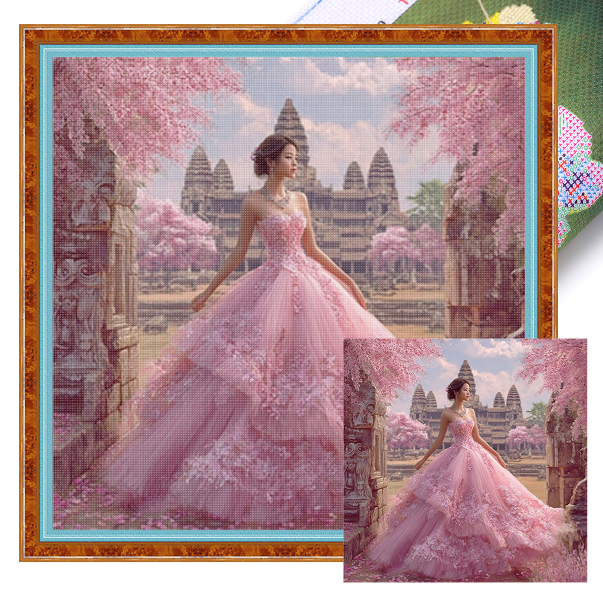 Mädchen im rosafarbenen Sakura-Kleid – Vollständiges 11CT-Stempel-Kreuzstichset 45x45 cm – Huacan