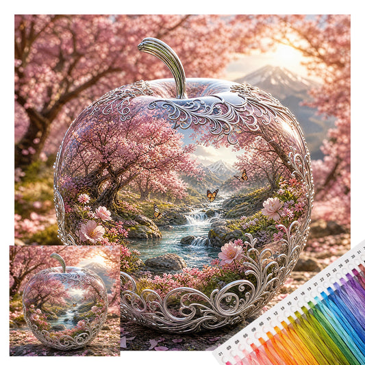 Apfel mit silbernem Kirschblütenrand – Vollständiges 11CT gestempeltes Kreuzstich-Set 45x45cm – Huacan