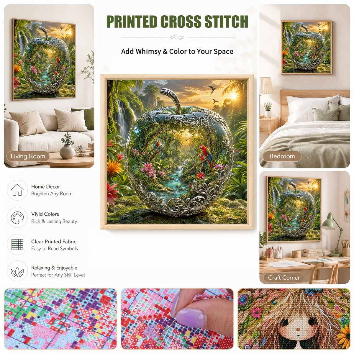 Apple With Rainforest Parrot - Full 11CT Stamped Cross Stitch 45x45CM - Huacan