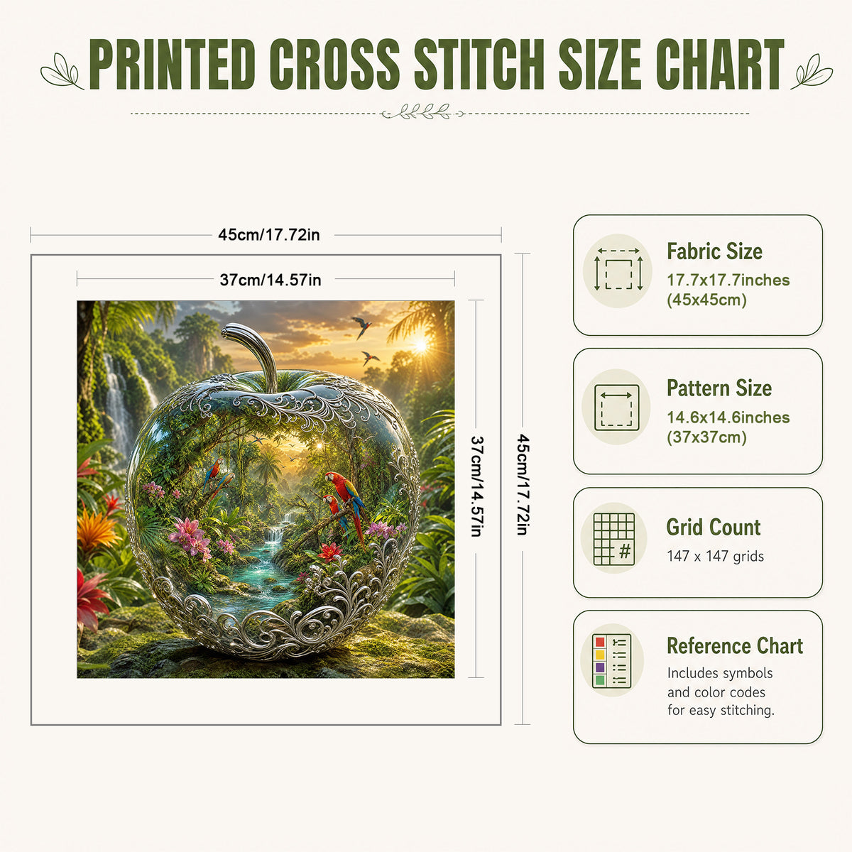 Apple With Rainforest Parrot - Full 11CT Stamped Cross Stitch 45x45CM - Huacan