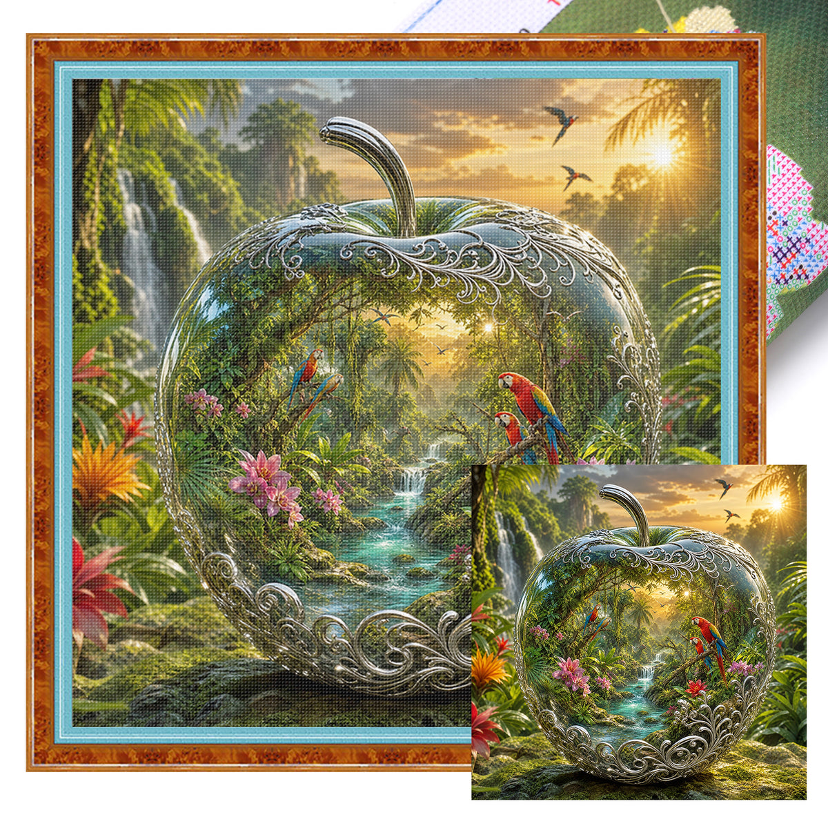 Apple With Rainforest Parrot - Full 11CT Stamped Cross Stitch 45x45CM - Huacan