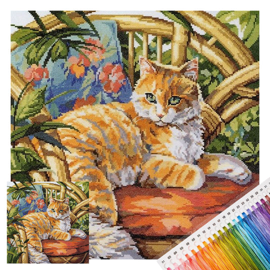 Orangefarbene Katze auf Rattan-Stuhl - Vollständiges 14CT gestempeltes Kreuzstich-Set 40x40CM - Huacan