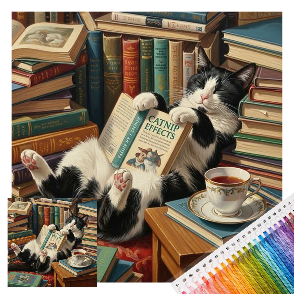Black And White Cat With Book Scent - Full 14CT Stamped Cross Stitch 40x40CM - Huacan