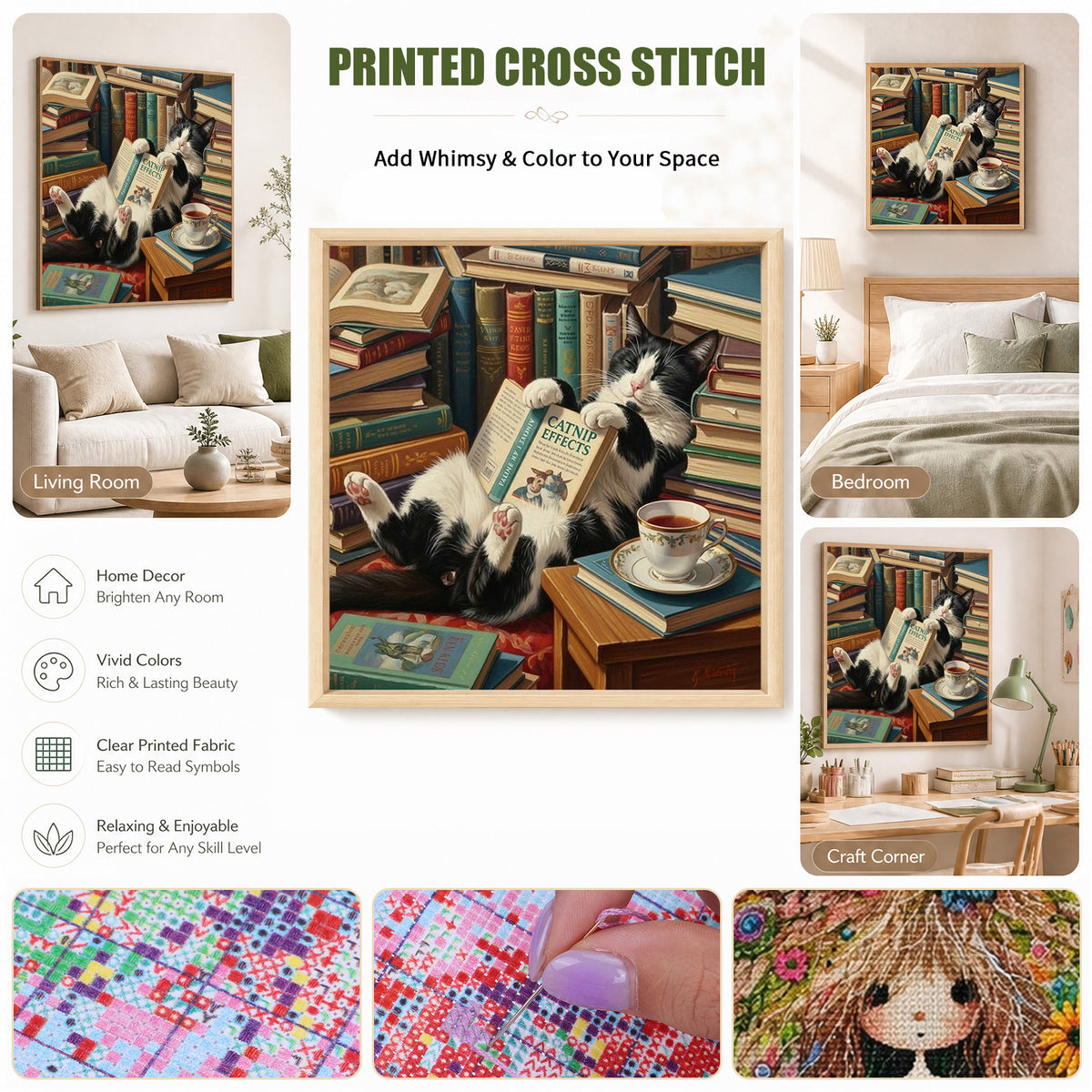Black And White Cat With Book Scent - Full 14CT Stamped Cross Stitch 40x40CM - Huacan
