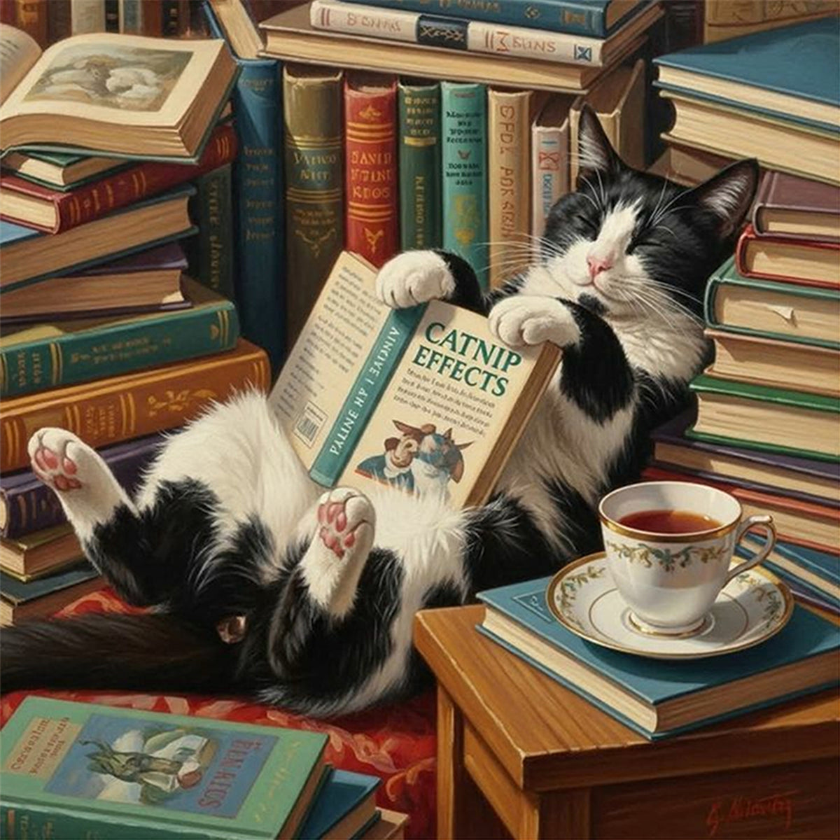 Black And White Cat With Book Scent - Full 14CT Stamped Cross Stitch 40x40CM - Huacan