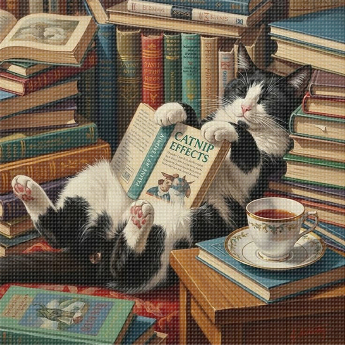 Black And White Cat With Book Scent - Full 14CT Stamped Cross Stitch 40x40CM - Huacan