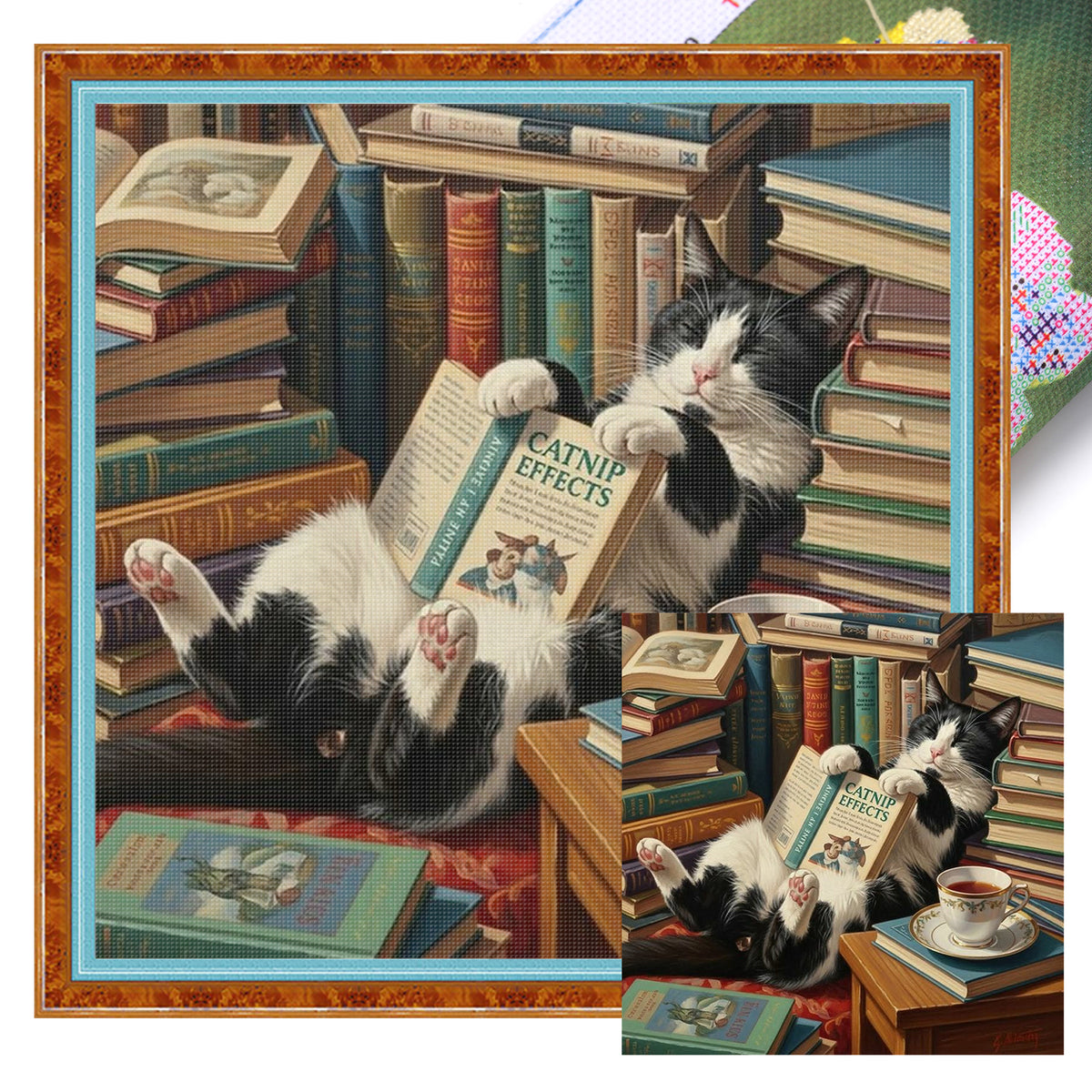 Black And White Cat With Book Scent - Full 14CT Stamped Cross Stitch 40x40CM - Huacan