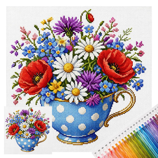 Blaue Mohn-Teetasse - Vollständiges Stempel-Kreuzstich-Set 25x25 cm - Huacan