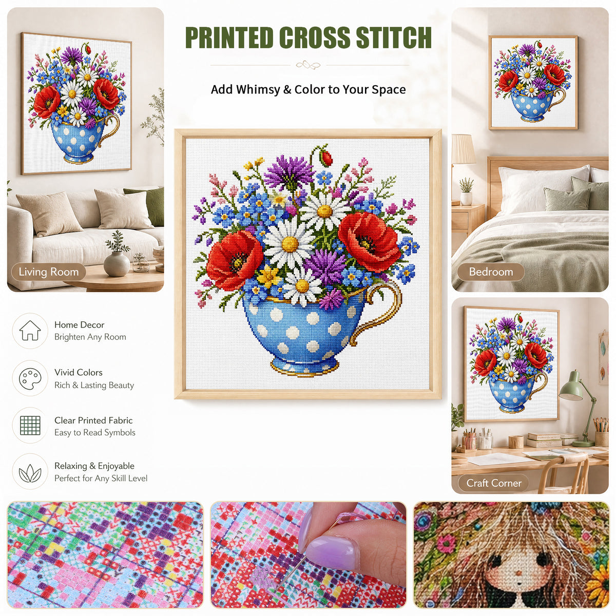 Blaue Mohn-Teetasse - Vollständiges Stempel-Kreuzstich-Set 25x25 cm - Huacan