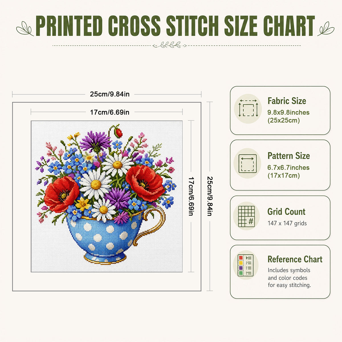 Blaue Mohn-Teetasse - Vollständiges Stempel-Kreuzstich-Set 25x25 cm - Huacan