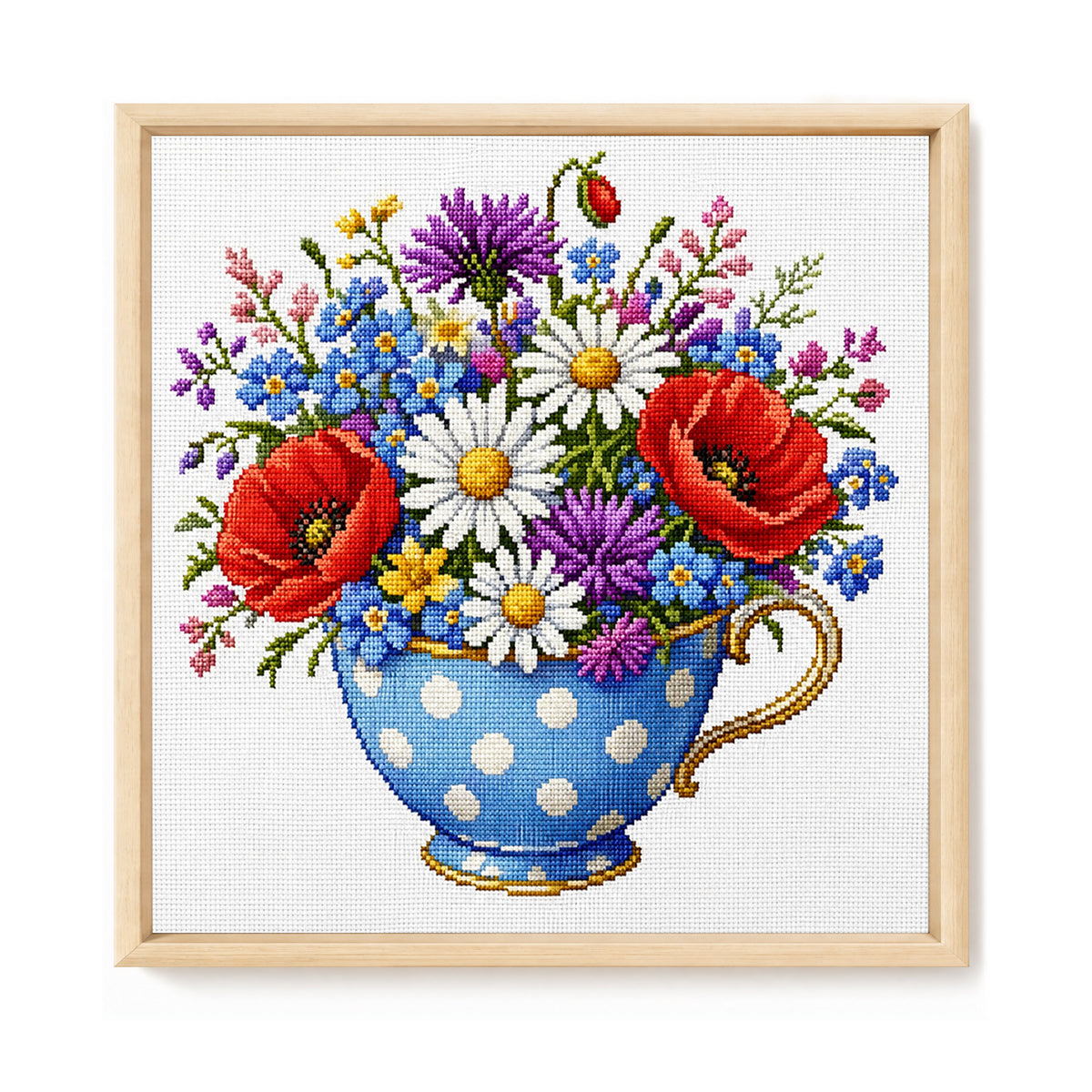 Blaue Mohn-Teetasse - Vollständiges Stempel-Kreuzstich-Set 25x25 cm - Huacan