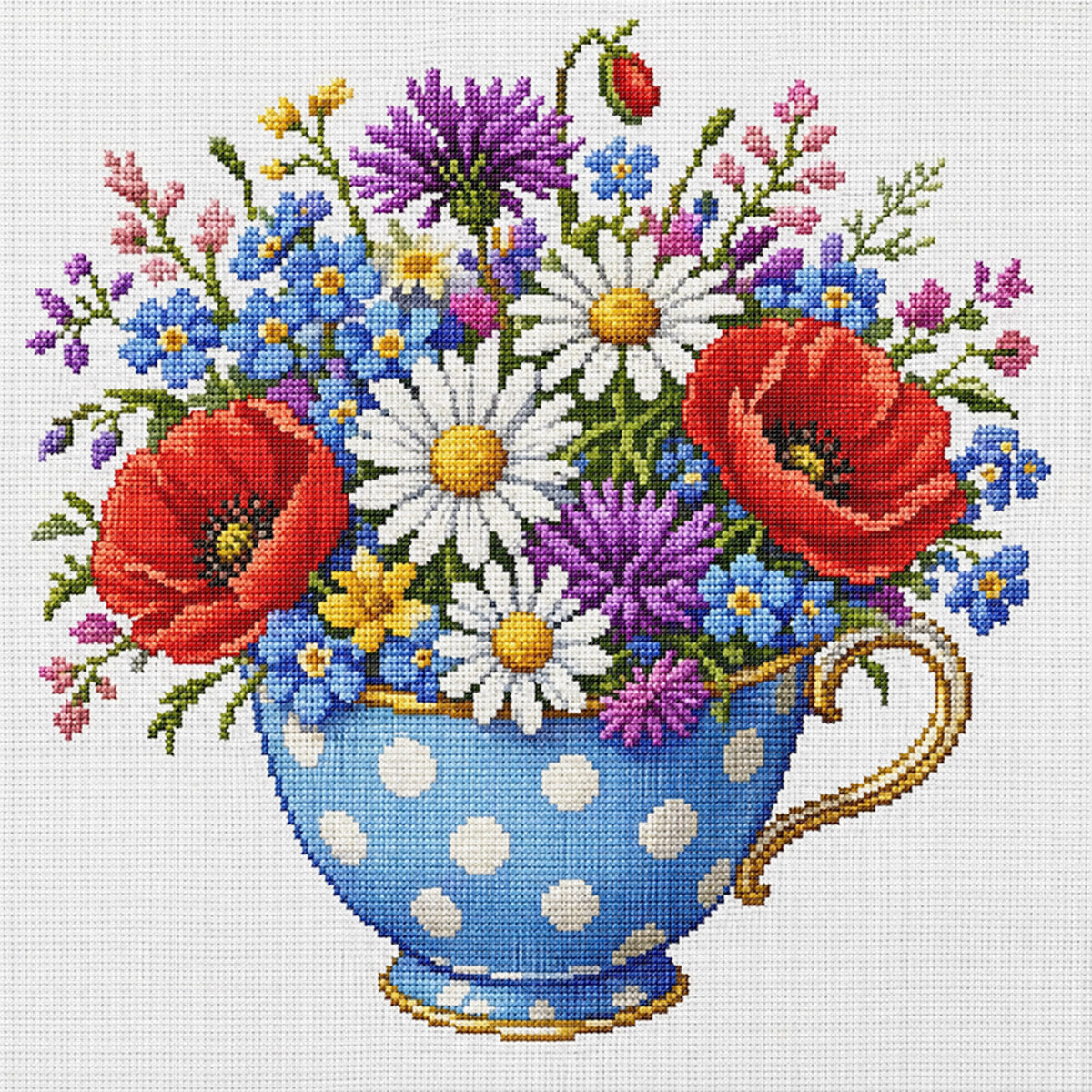 Blaue Mohn-Teetasse - Vollständiges Stempel-Kreuzstich-Set 25x25 cm - Huacan