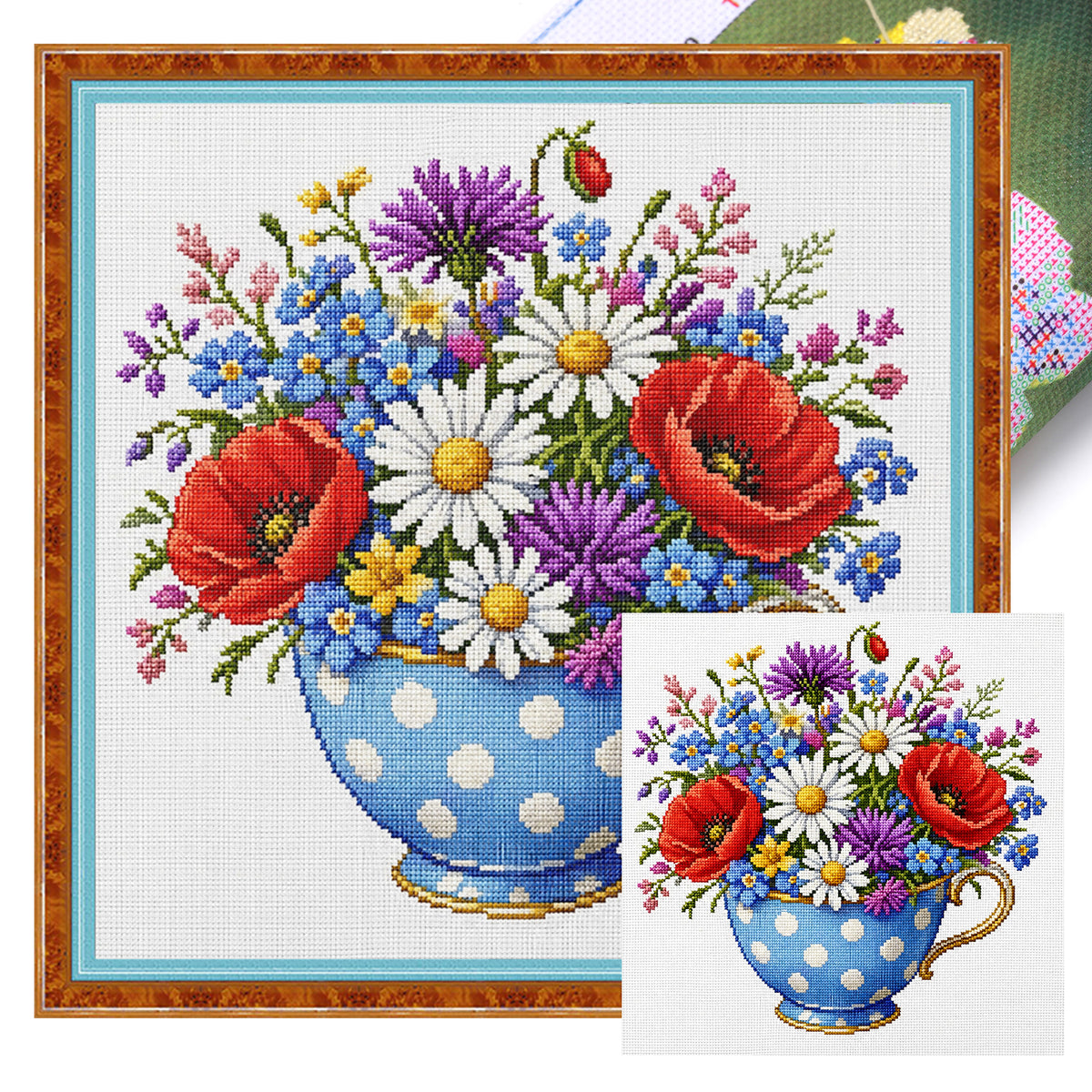 Blaue Mohn-Teetasse - Vollständiges Stempel-Kreuzstich-Set 25x25 cm - Huacan
