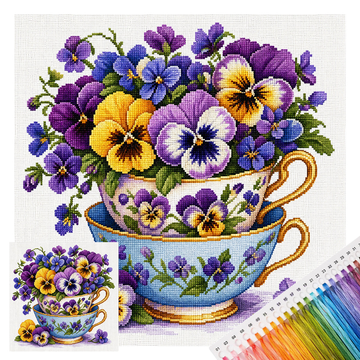 Double Pansy Flower Cup - Full Stamped Cross Stitch 25x25CM - Huacan