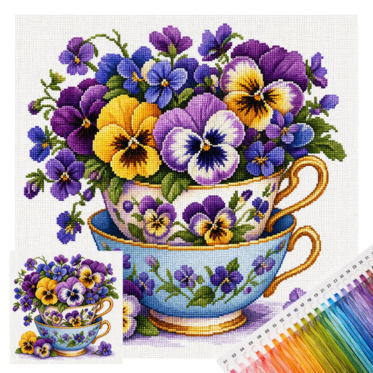 Stiefmütterchen-Blumentasse - Vollständiges Stempel-Kreuzstich-Set 25x25cm - Huacan