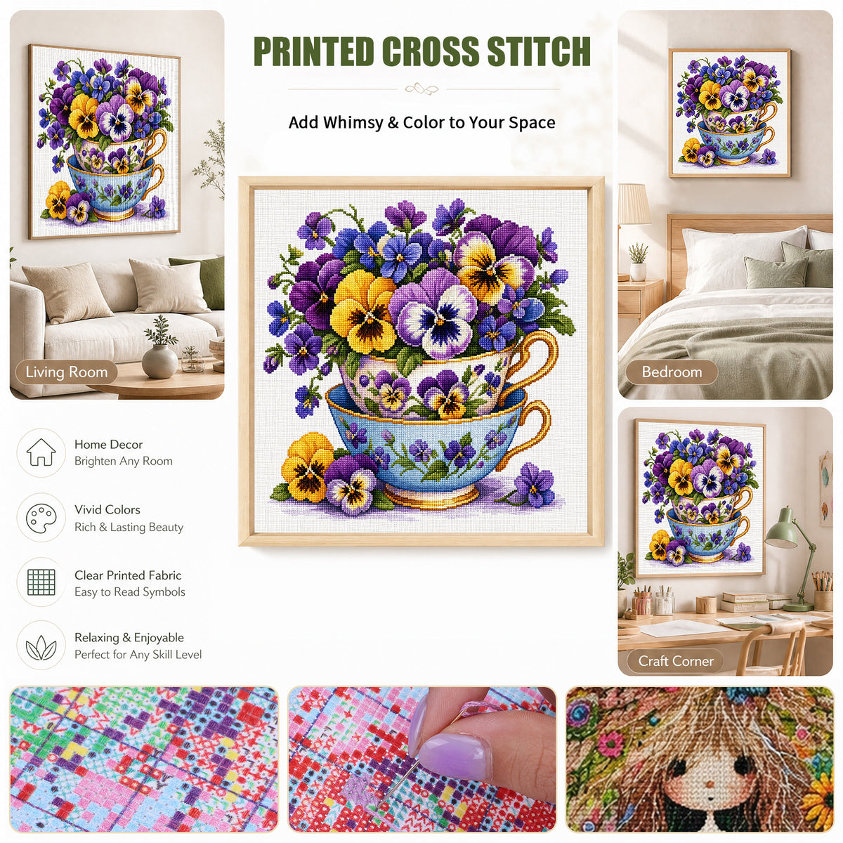 Double Pansy Flower Cup - Full Stamped Cross Stitch 25x25CM - Huacan