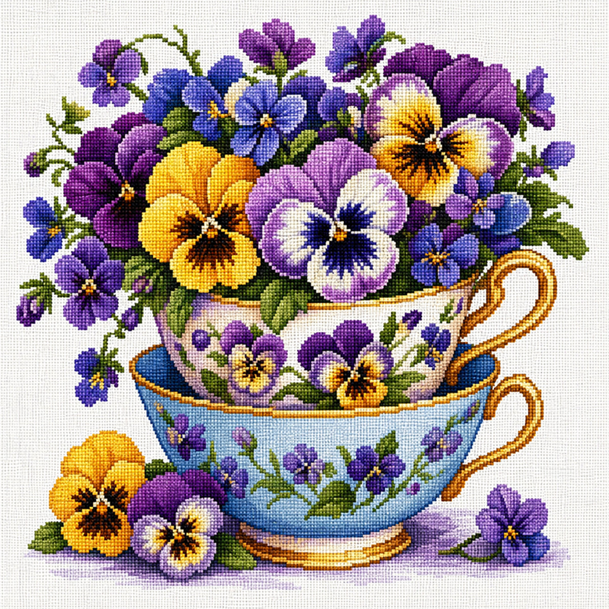 Double Pansy Flower Cup - Full Stamped Cross Stitch 25x25CM - Huacan